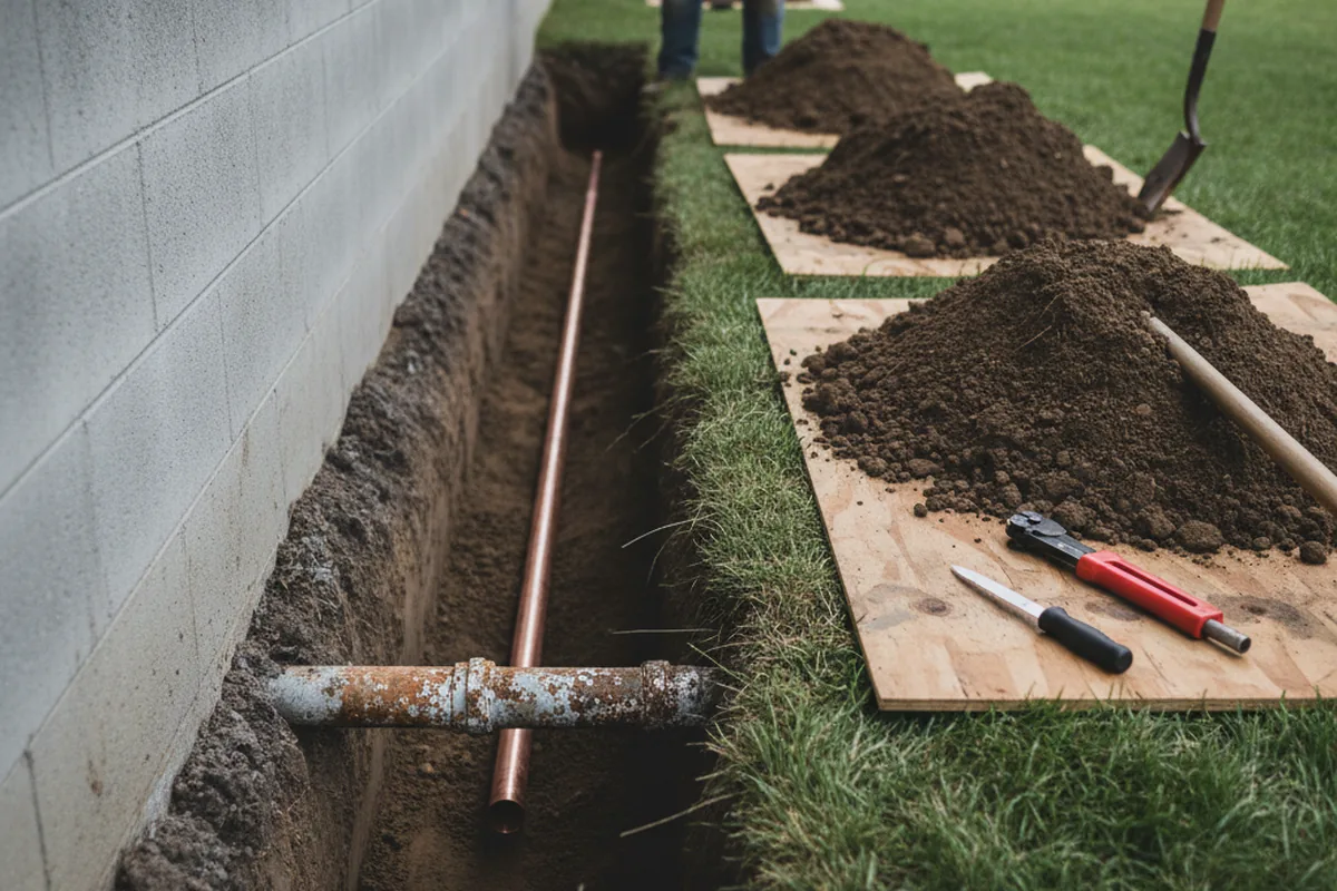 Excavated water line trench during Water Heater Repair in Big Clifty